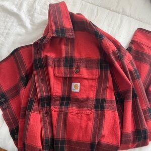 Carhartt Men's Red and Black Plaid Button Down Shirt